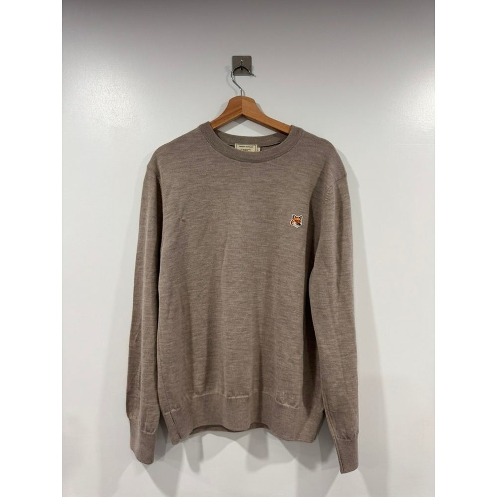 Maison Kitsune Fox Head Patch Wool Crewneck Sweater Taupe Beige Mens L